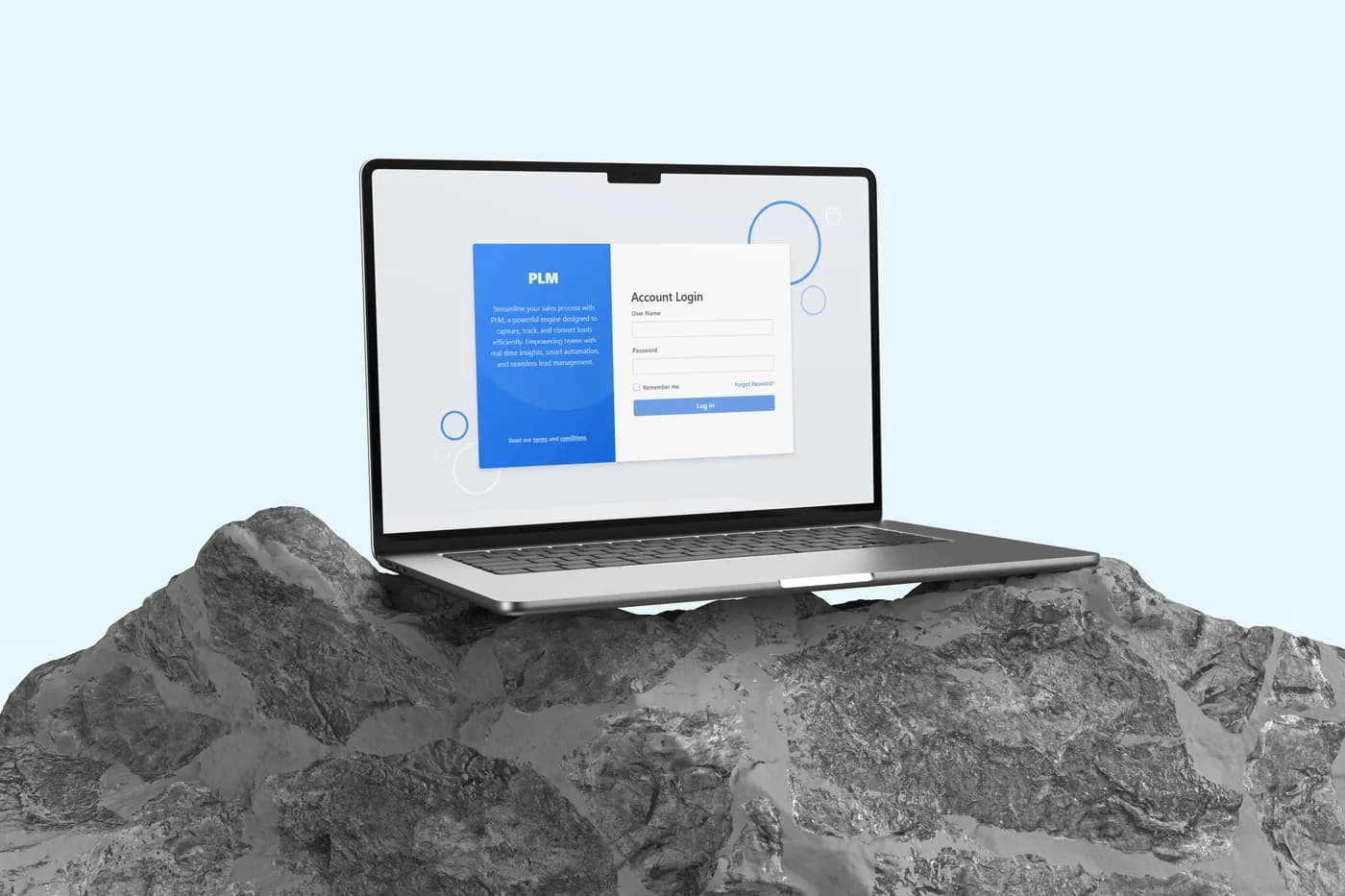 PLM lead management platform on a laptop